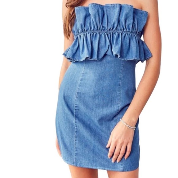 DO+BE Dresses & Skirts - DO+BE Blue Strapless Ruffle Denim Mini Dress